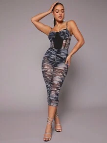 Hauture 大理石印花透視鏈帶連身裙