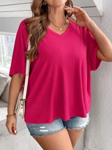 SHEIN LUNE Plus Size Women's Hollow Out Back Stripe T-Shirt - Hot Pink - View 5