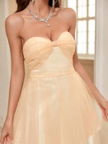 SHEIN Belle Women's Bowknot Twisted Sheer Dress With Full Swing, Dreamy And Elegant For Cocktail Party - Champagne - View 5