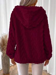 SHEIN LUNE 女式小麥簇絨紋理毛絨運動衫 - 酒紅色 - 查看 2