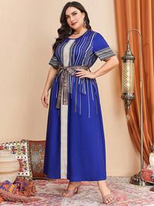 Al Najma Plus Striped Print Belted Dress Kaftan Jalabiya Dress - Royal Blue - View 4