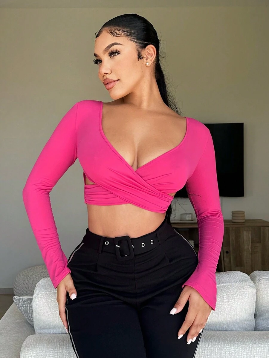 SHEIN SXY 女士短版t恤,十字織帶設計 - 玫紅色 - 查看 1