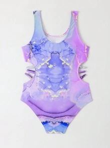 Tween 女孩印花鏤空全包覆腰部連身泳衣 - 彩色 - 查看 2