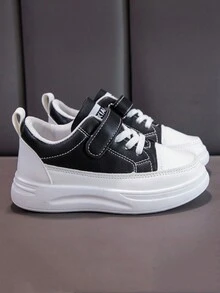 春季新款男女童運動鞋,厚底皮革休閒白色設計,適合兒童、幼童和青少年 - 黑與白 - 查看 4