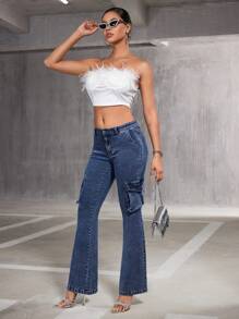 SHEIN BAE 女士貨櫃風口袋喇叭褲 - 藍色 - 查看 6