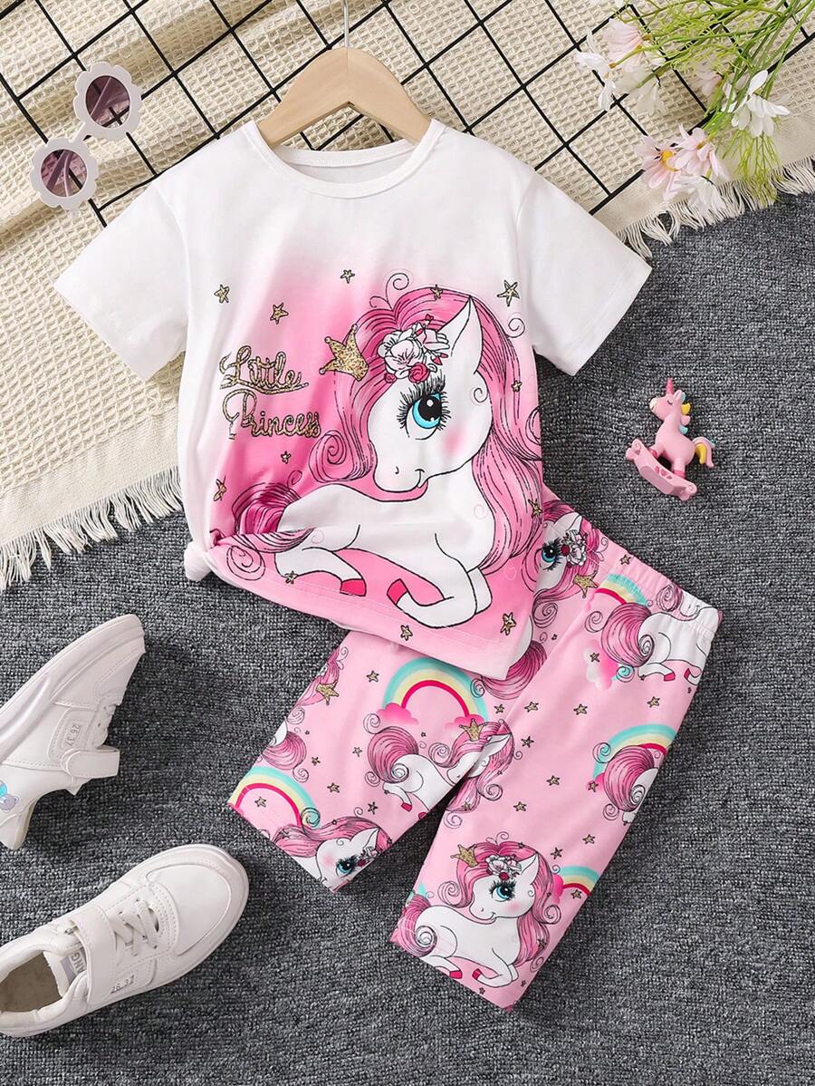 SHEIN Conjunto De 2 Piezas De Manga Corta Con Estampado De Unicornio Para Niña (pequeña) - Multicolor - Ver 1