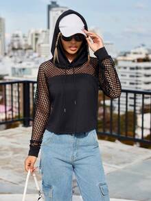 SHEIN Essnce Women's Hooded Sweatshirt With Mesh Contrast - Black - View 3
