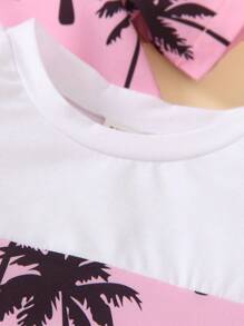 SHEIN 3 Stücke/set Kurzarm Hemd Für Jungen Mit Kokospalmen-muster, Locker Sitzendes T-shirt Und Shorts, Geeignet Für Freizeit- Und Urlaubsstil