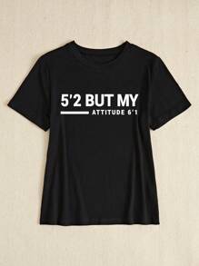 BamGleam 字母印花休闲短袖T恤 52 但我的态度 61 图案T恤 女式上衣 - 黑色 - 查看 4