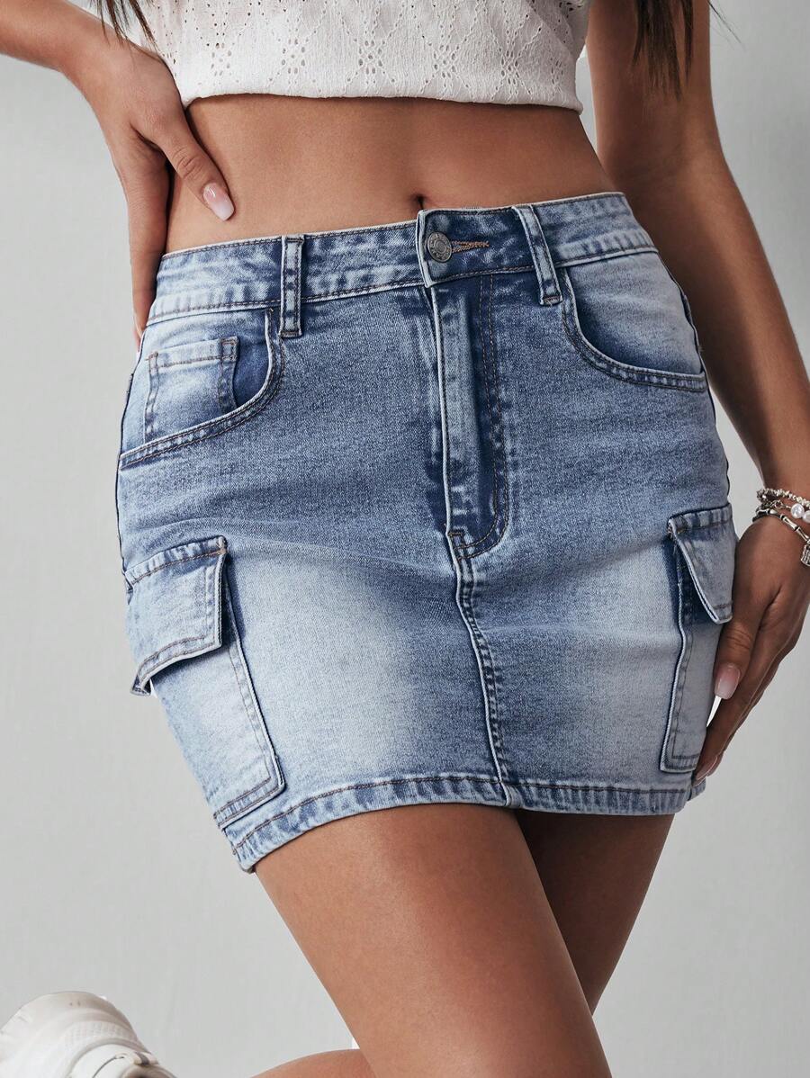 SHEIN EZwear Washed Denim Cargo Skirt - Medium Wash - View 1