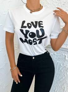 SHEIN Essnce 女款短袖衣服,印有標語圖案 - 白色 - 查看 1