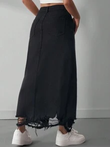 SHEIN EZwear 女式仿舊前開衩牛仔裙 - 黑色 - 查看 3