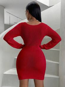 SHEIN Slayr 純色包裹式修身毛衣裙 - 紅色 - 查看 2