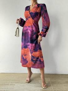 Chiquease Vestido De Manga Farol Con Cuello Cruzado Y Estampado Completo - Rosa Fucsia - Ver 6