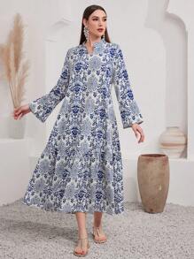 Al Najma Printed Notched Hemline Modest Long Sleeve Dress