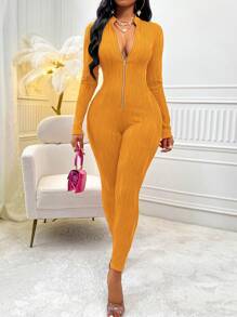 SHEIN Slayr Solid Color Front Zipper Jumpsuit - Orange - View 5