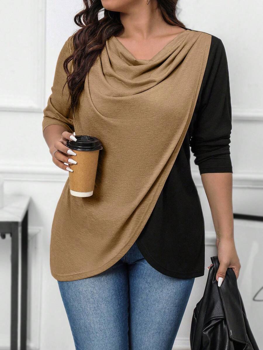 SHEIN LUNE Plus Size Women's Loose Cowl Collar Contrast Color T-Shirt - Multicolor - View 1
