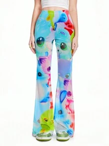 SHEINNeu Dopamina Dibujo Animado Gráfico Micro La Pantalones Largos Estampado Animal Estampado De Gato Malla Legging Primavera Vacaciones Verano Pantalones Verano Mujer Trajes De Verano Con Pantalones De Campana Pequeños - Multicolor - Ver 3