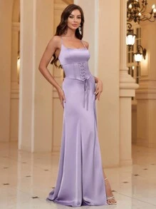 SHEIN Belle Của phụ nữ Halter Neck Lỗ Thắt lưng Tối Chính thức Váy Dây - Màu tím hoa cà - Xem 6