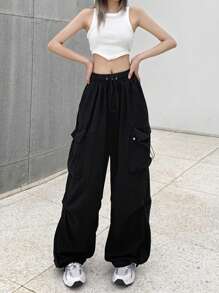 Women's Retro Drawstring Waist Wide Leg Loose Casual Cargo Pants - Black - View 5