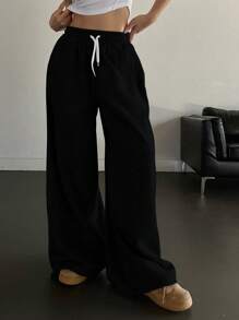 DAZY 抽绳腰斜口袋运动裤宽松裤秋冬女式慢跑裤 - 黑色 - 查看 5