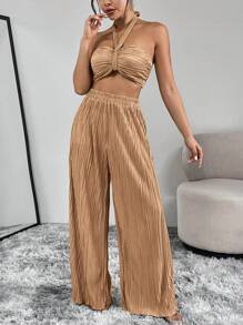 Firerie Women'S Pleated Halter Top And Trouser Set - Khaki - View 7