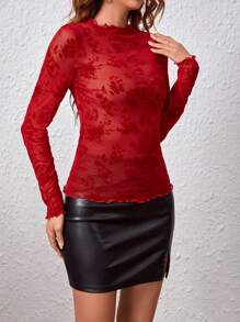 SHEIN Privé Women's Lettuce-Trim Plush Mesh Top - Red - View 3