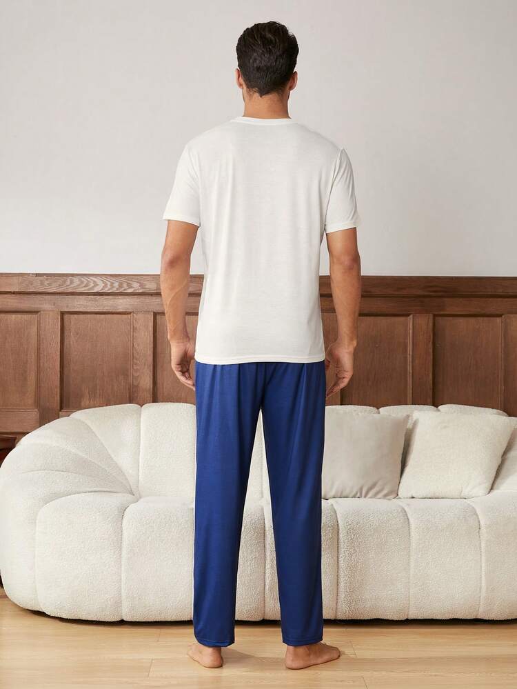 Men'S Casual Letter Printed Top And Solid Color Pants Homewear Set