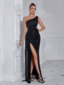 ADYCE Vestido largo de cóctel, fiesta y boda elegante con un hombro, abertura alta, cintura marcada, lazo y lentejuelas, para graduación, cena formal y eventos nocturnos