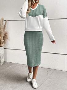 SHEIN LUNE Women's Colorblock V-Neck Long Sleeve Top And Skirt Two Piece Set - Green - View 3