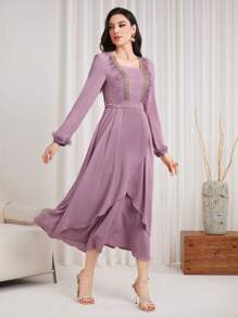 Modelyn Women'S Square Neck Cuffs Patchwork Dress Long Evening Dresses