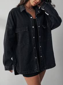 SHEIN EZwear Denim Jacket With Flap Pockets And Drop Shoulder