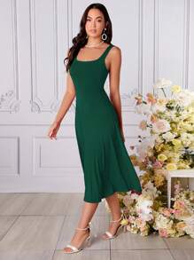 SHEIN Belle Vestido Sólido Sin Mangas De Color - Verde Oscuro - Ver 4