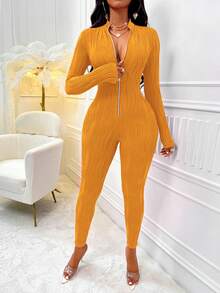 SHEIN Slayr Solid Color Front Zipper Jumpsuit - Orange - View 6