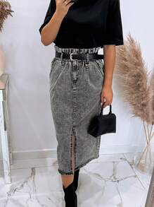 Side Split Straight Pencil Skirt - Grey - View 4