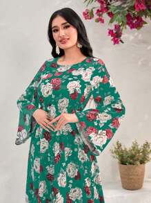 Al Najma 女士花卉印花波浪袖連衣裙 - 綠色 - 查看 3