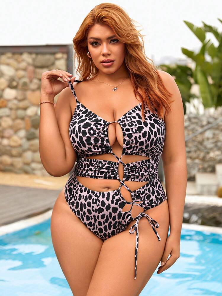 Plus Size Leopard Printed One Piece Swimsuit With Lace-Up Front Music Festival Summer
