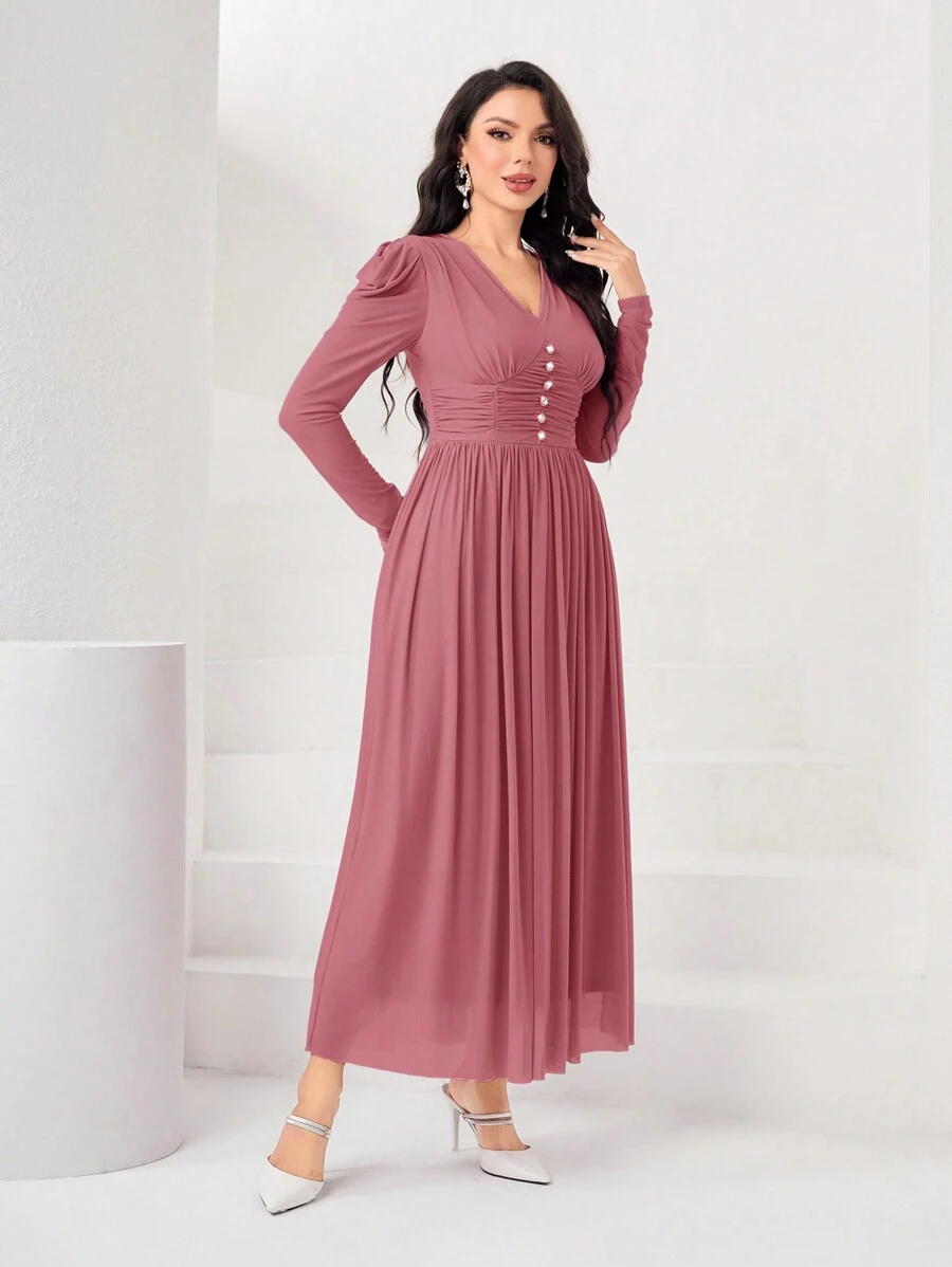 Modelyn Solid Color Pleated Leg-Of-Mutton Sleeve Ladies' Dress Long Evening Dresses - Pink - View 1
