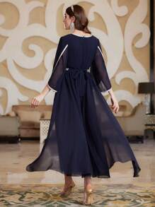 Layrah 刺绣拼布喇叭袖长袍连衣裙，优雅奢华的晚会风格 - 藏蓝色 - 查看 2