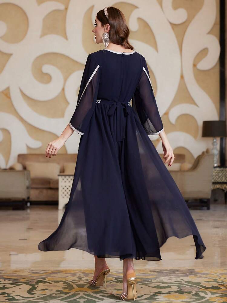 Embroidery Patchwork Flared Sleeve Kaftan Dress, Elegant Luxury Evening Party Style