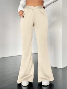 SHEIN Essnce Solid Color Flared Pants With Thermal Lined - Apricot - View 6