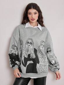 Mulvari Của phụ nữ Hoạt hình Nhân vật In Vòng cổ Thả vai Lông cừu Áo nỉ - Xám - Xem 4