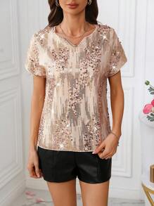 SHEIN Clasi 有刻痕領頸蝙蝠袖亮片上衣復活節女裝連身裙 - 香檳色 - 查看 3