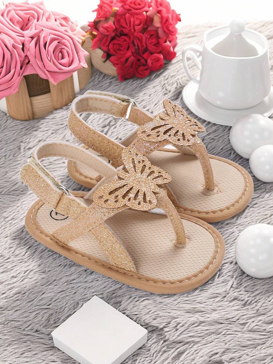 Infant Girls' Vintage Butterfly Strap Sandals With Adjustable Closure, Perfect For Walking Outfits - Apricot - View 1