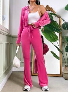 SHEIN EZwear Rhinestone Letter Pattern Zip Up Velvet Hoodie And Flare Pants Set - Pink - View 4