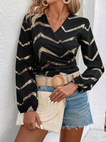 SHEIN LUNE Herringbone Print Wrap Front Shirt Fall Cloth For Women - Black - View 3