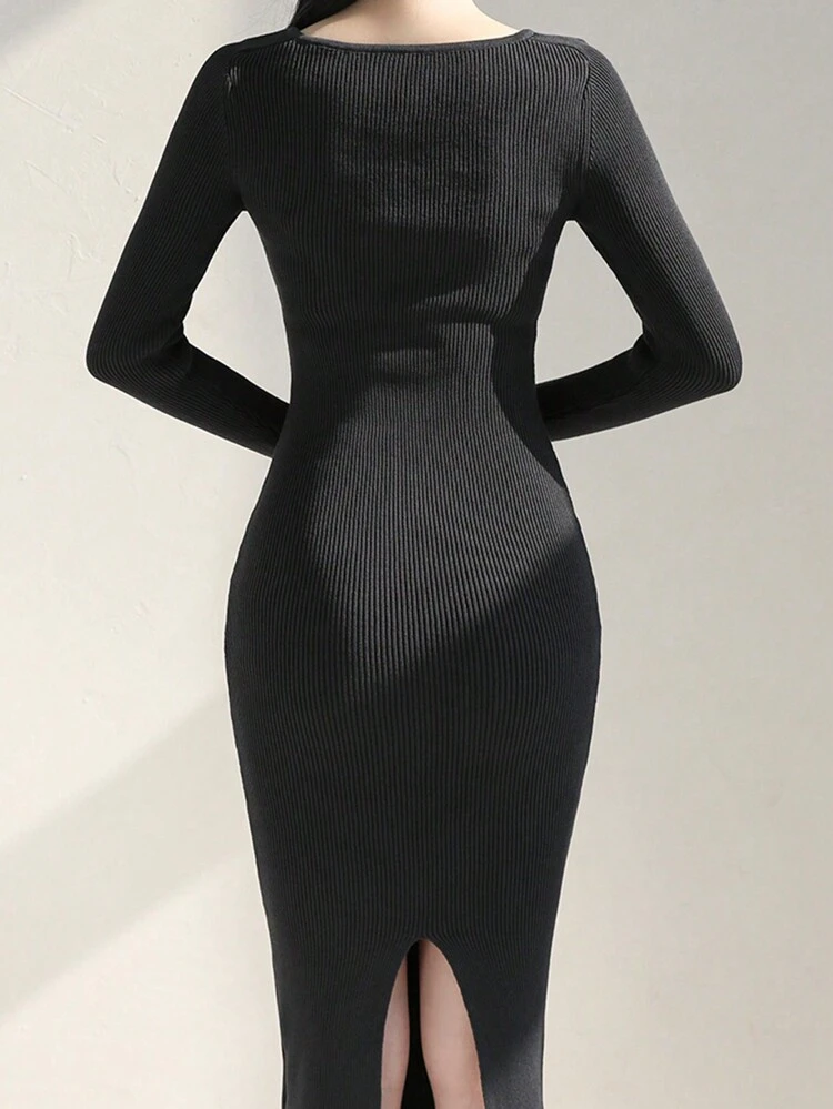 Women's V-Neck Slim Fit Solid Knitted Sweater Dress Sheer