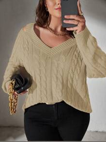 SHEIN LUNE Plus-Size Women's Solid Color Cold-Shoulder Pullover Sweater Knit Pullover Fall Winter - Apricot - View 4