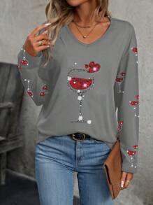 SHEIN LUNE Ladies' Wine Glass Print T-Shirt - Grey - View 5