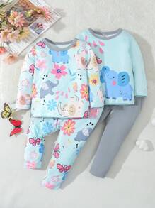 Baby Girl Autumn Fun & Cute Cartoon Printed Set - Green - View 1